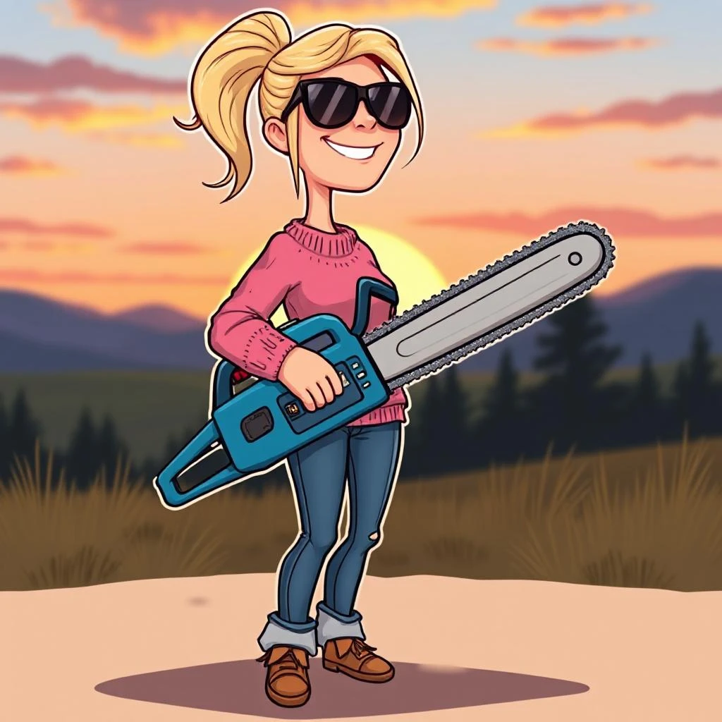 Cartoon woman with chainsaw and sunset background - PM to Dev journey